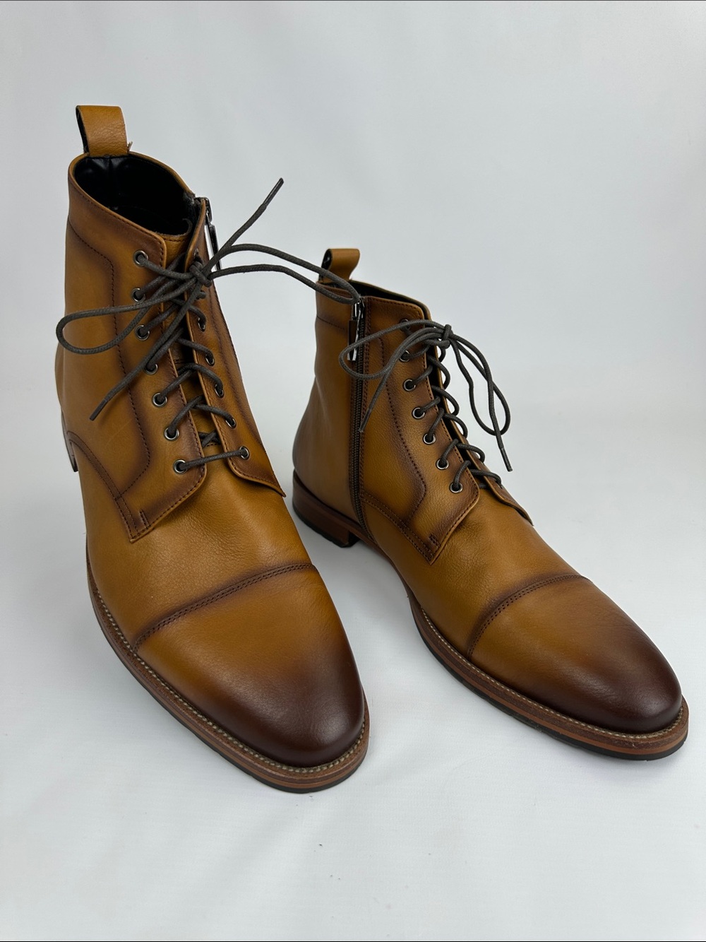 Men's Genuine Leather Side Zipper Lace-Up Boots - Natural Tan Brown. US 13. New